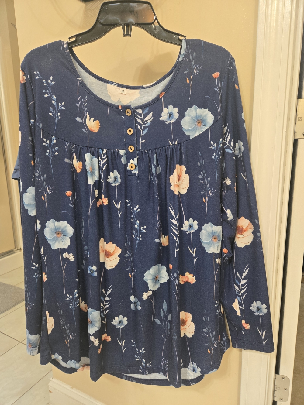 Amazon Navy Floral Henley Blouse with Blue and Peach Blooms
